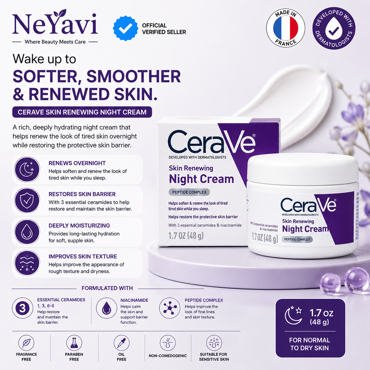 CeraVe Skin Renewing Night Cream | Hydrating Moisturizer with Peptides and Hyaluronic Acid | 48g - NeYavi