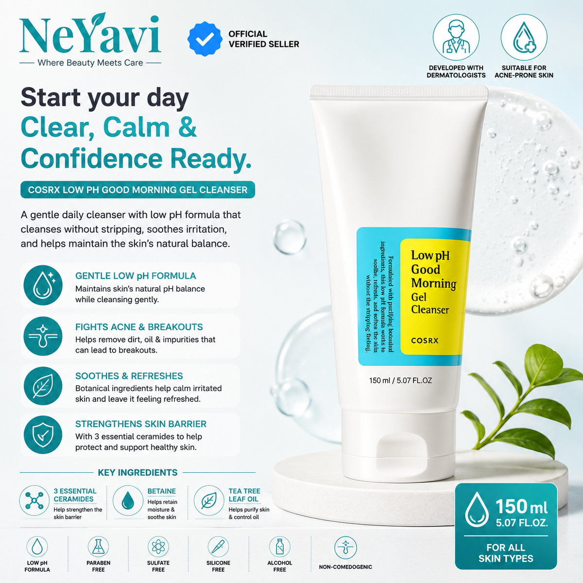CosrX Low PH Good Morning Gel Cleanser Daily Mild Face Cleanser - NeYavi